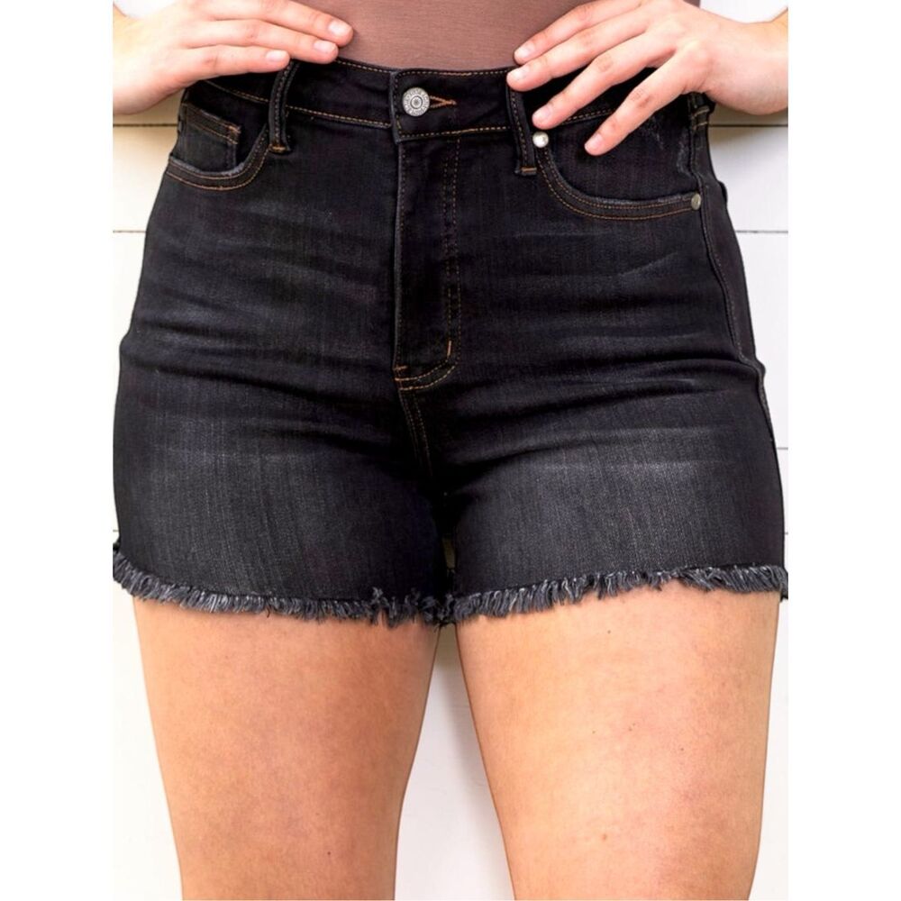 Judy Blue Black Tummy Control Shorts High Rise Fray Hem Plus Size NWT